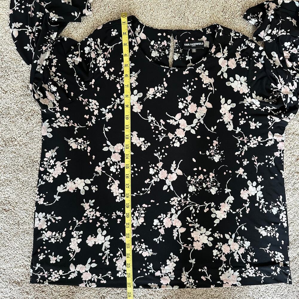 Karl Lagerfeld Yessie Floral Blouse Top Trumpet Flutter Sleeve Black 1X Fairy - Picture 13 of 13